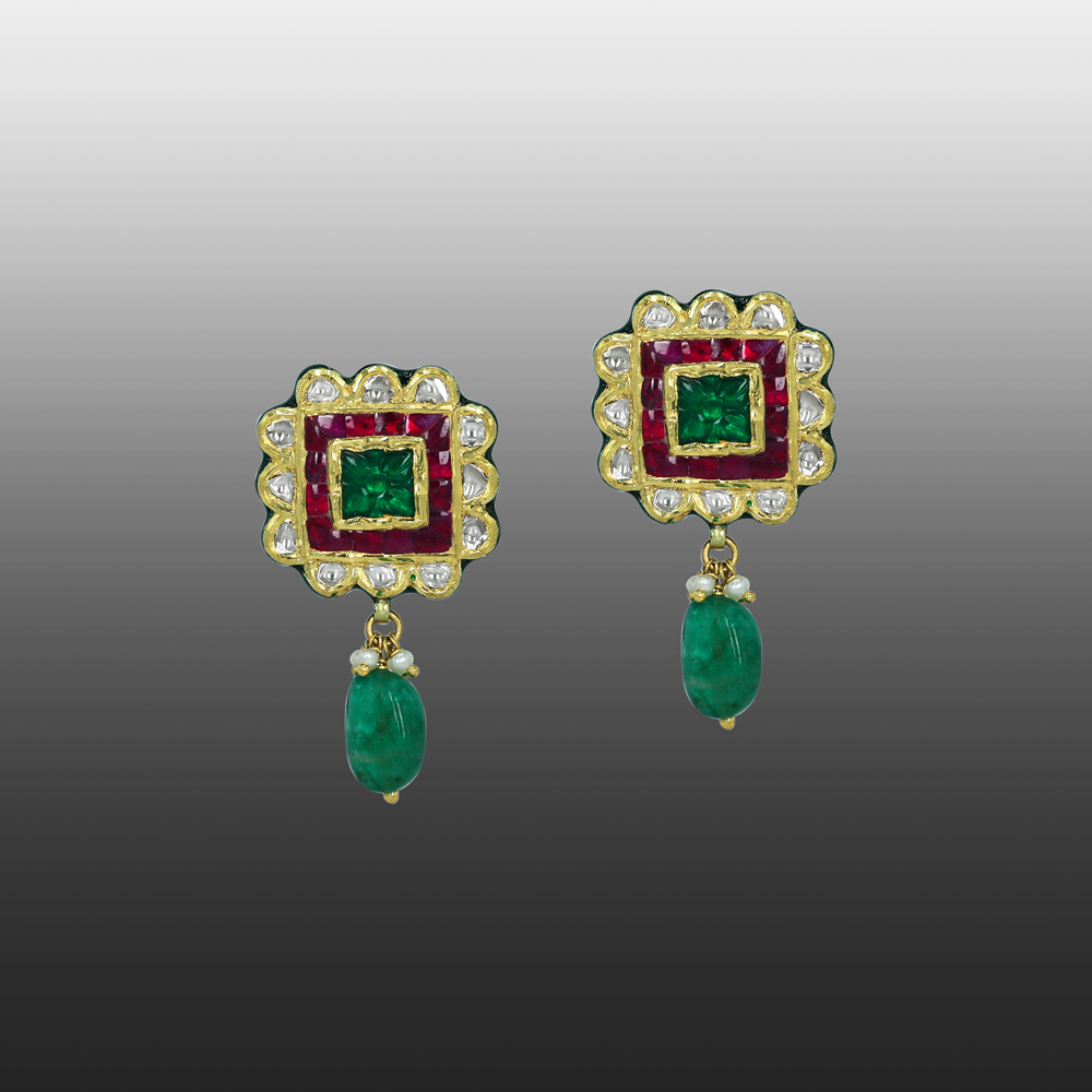 Square Emerald Earrings with Ruby talafs and Emerald Drops